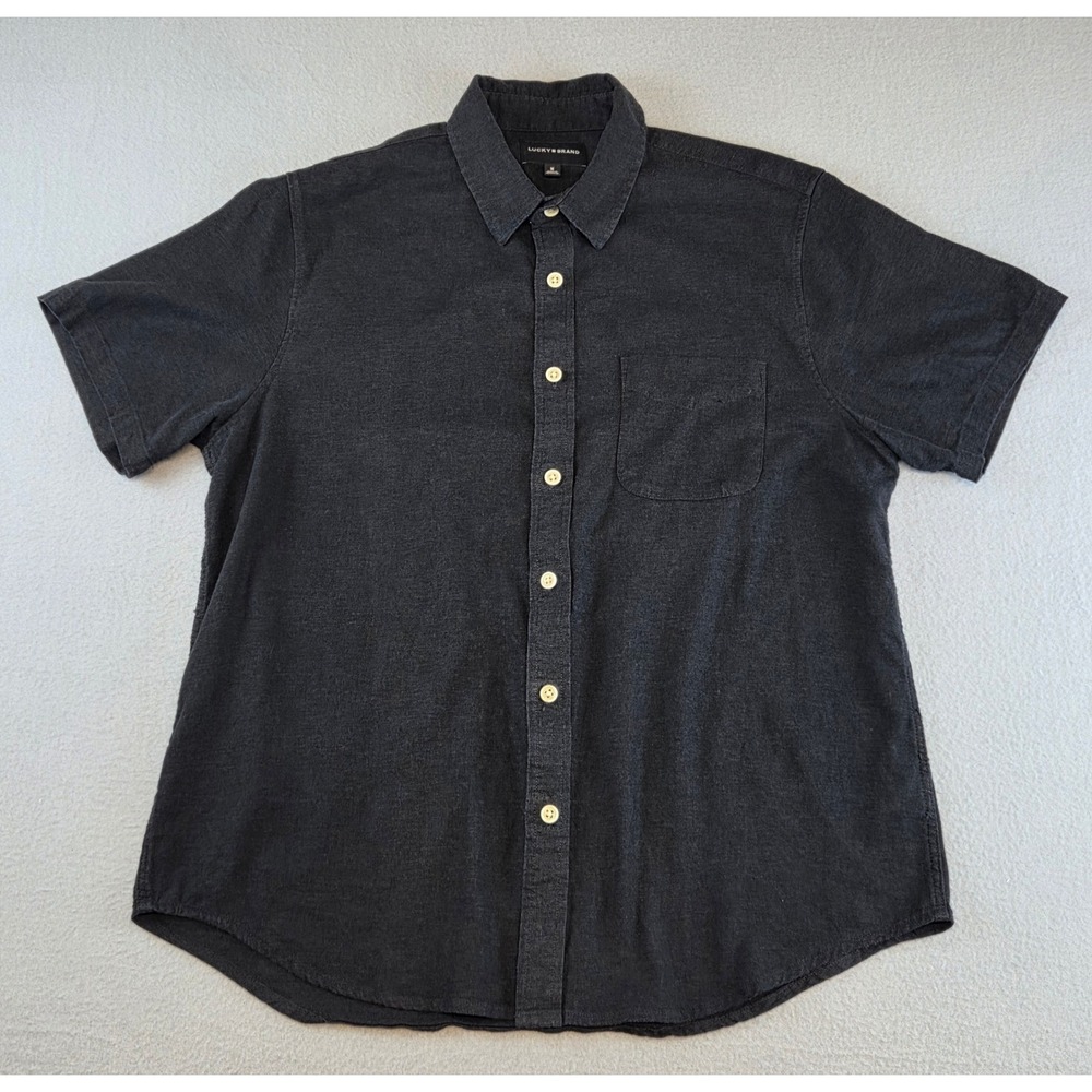 Lucky Brand Linen Blend Short Sleeve Button Up Shirt Black Size M Quiet Luxury